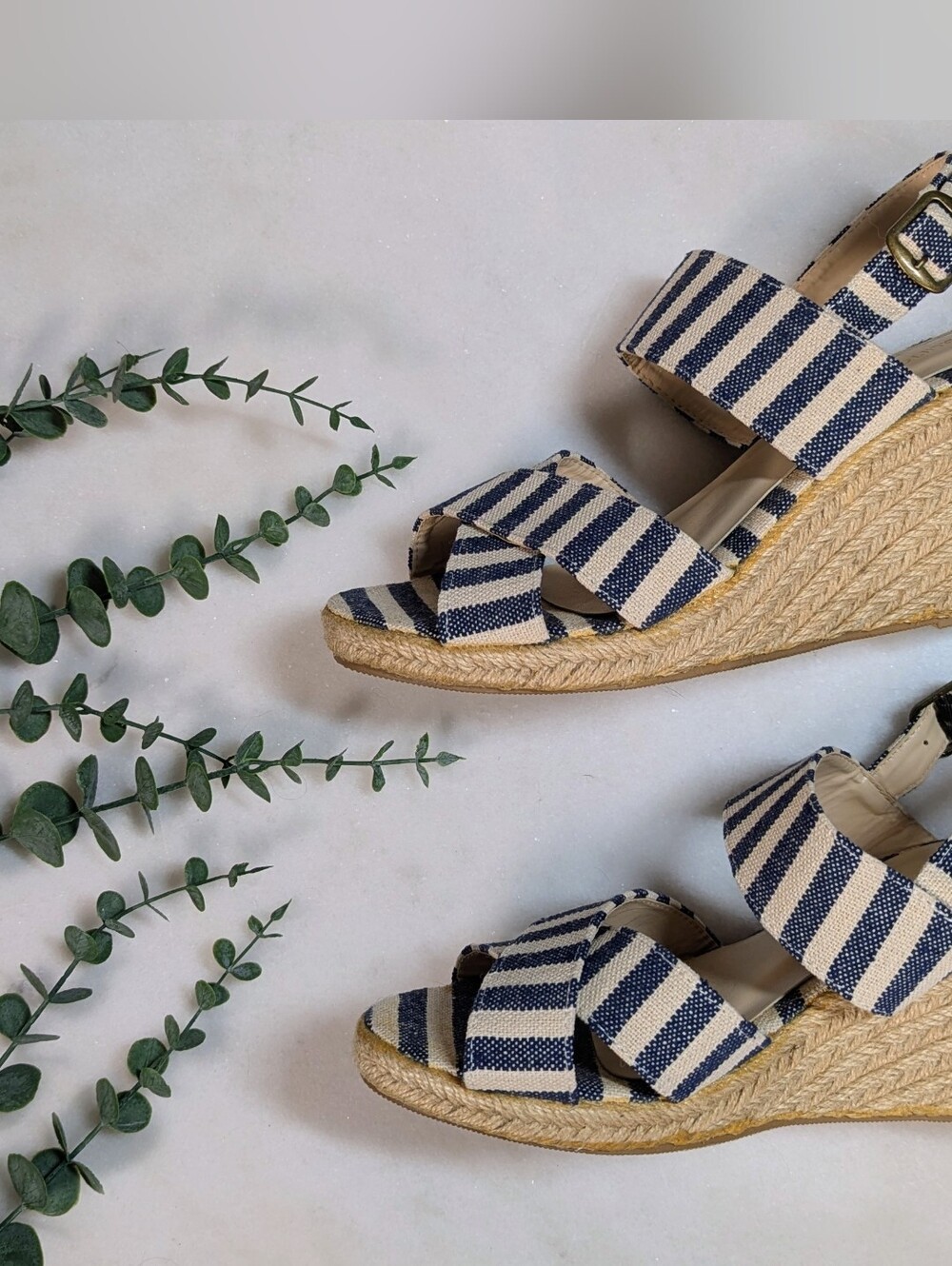 Maurices Navy White Striped Espadrille Wedge Sandals Size 7.5